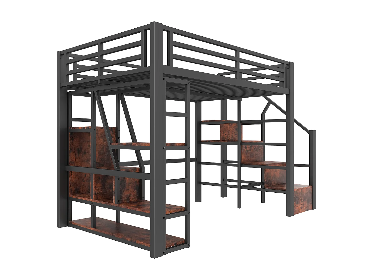 Cama beliche de ferro 140x200 cm - Compartimentos de armazenamento - Grades de segurança + escada - iluminação LED - Preto (colchão não incluído)