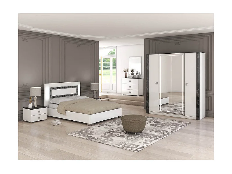 GAÏA - Chambre Lit 160x200 cm + Chevets +  Commode + Armoire Laquée Blanc avec Décor Noir