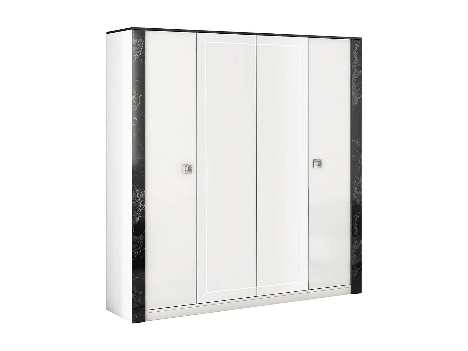 GAÏA - Chambre Lit 160x200 cm + Chevets +  Commode + Armoire Laquée Blanc avec Décor Noir