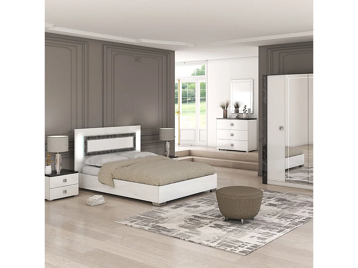 GAÏA - Chambre Lit 160x200 cm + Chevets +  Commode + Armoire Laquée Blanc avec Décor Noir
