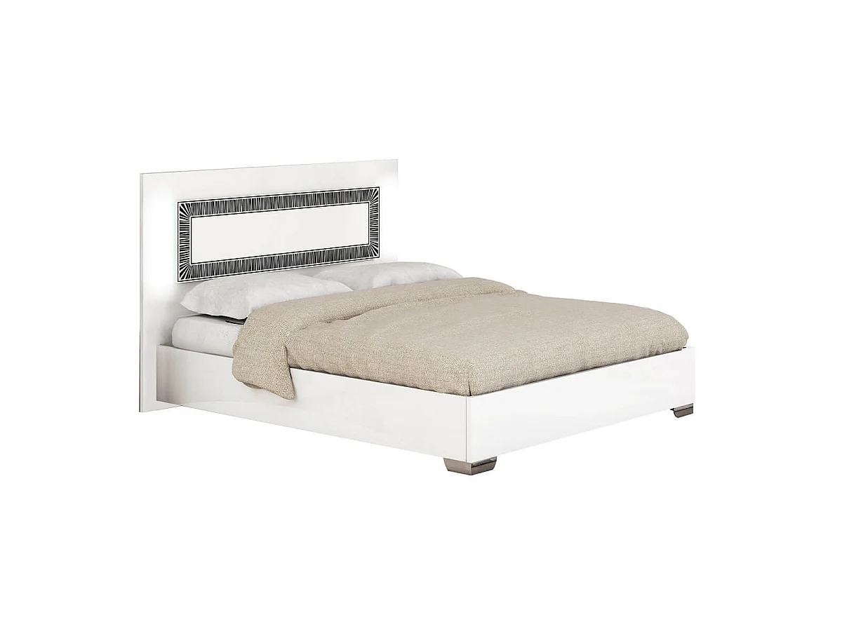 GAÏA - Chambre Lit 160x200 cm + Chevets +  Commode + Armoire Laquée Blanc avec Décor Noir