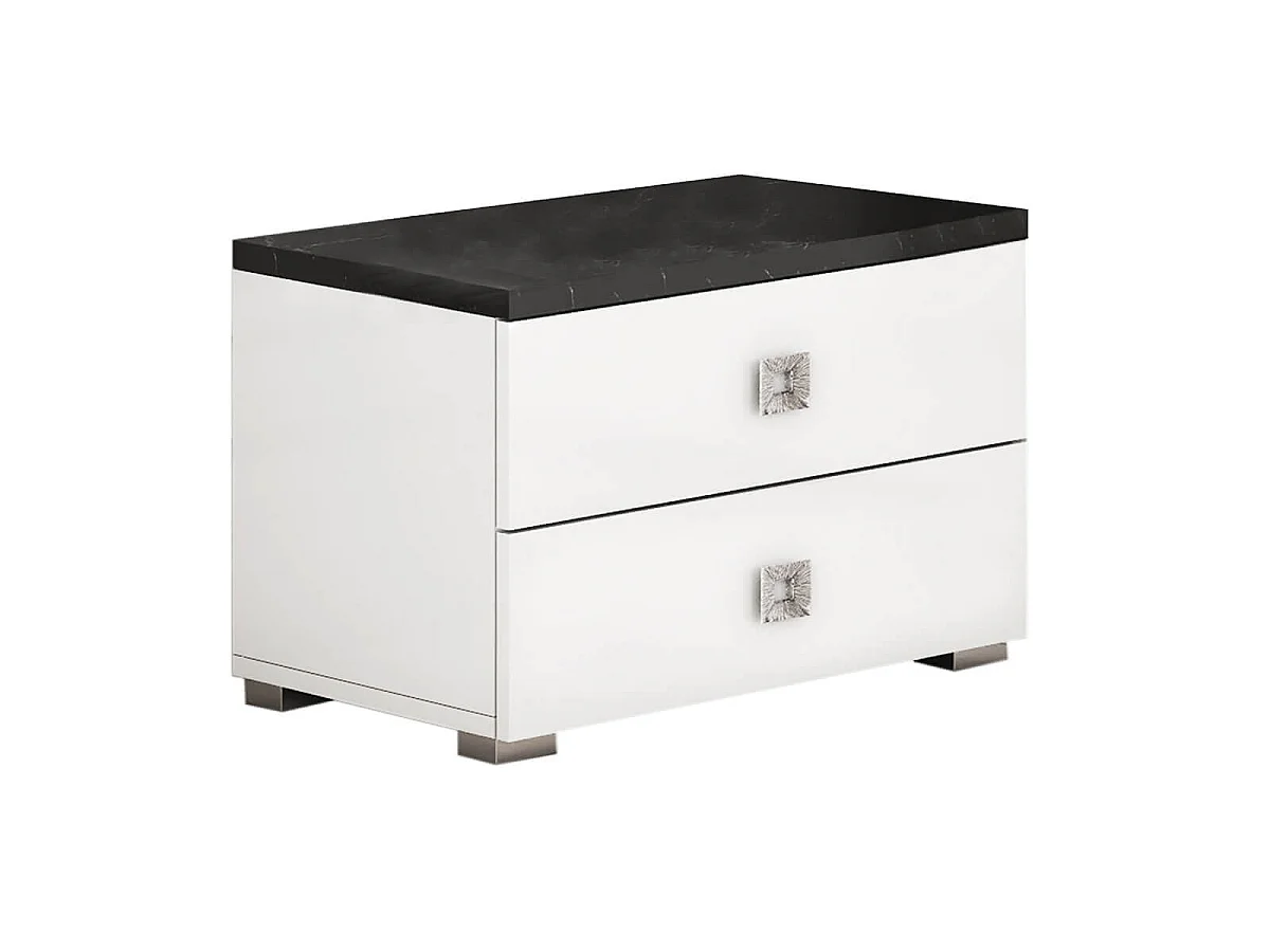 GAÏA - Chambre Lit 160x200 cm + Chevets +  Commode + Armoire Laquée Blanc avec Décor Noir