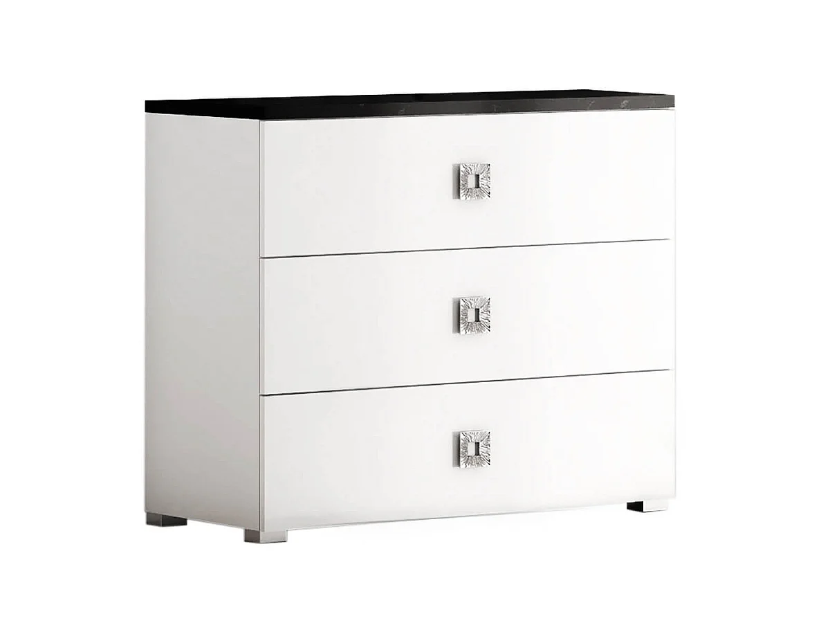 GAÏA - Chambre Lit 160x200 cm + Chevets +  Commode + Armoire Laquée Blanc avec Décor Noir