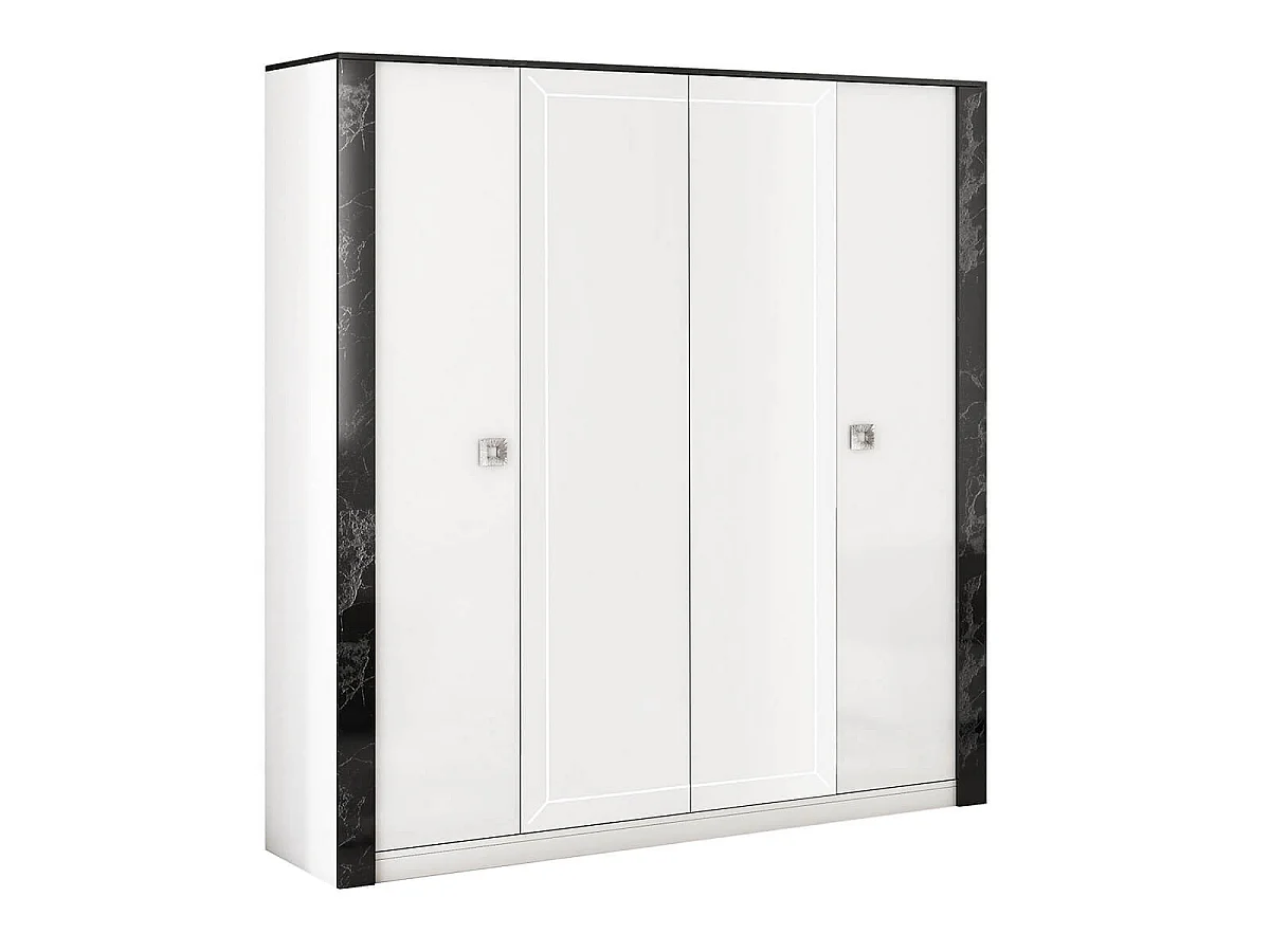 GAÏA - Chambre Lit 160x200 cm + Chevets +  Commode + Armoire Laquée Blanc avec Décor Noir