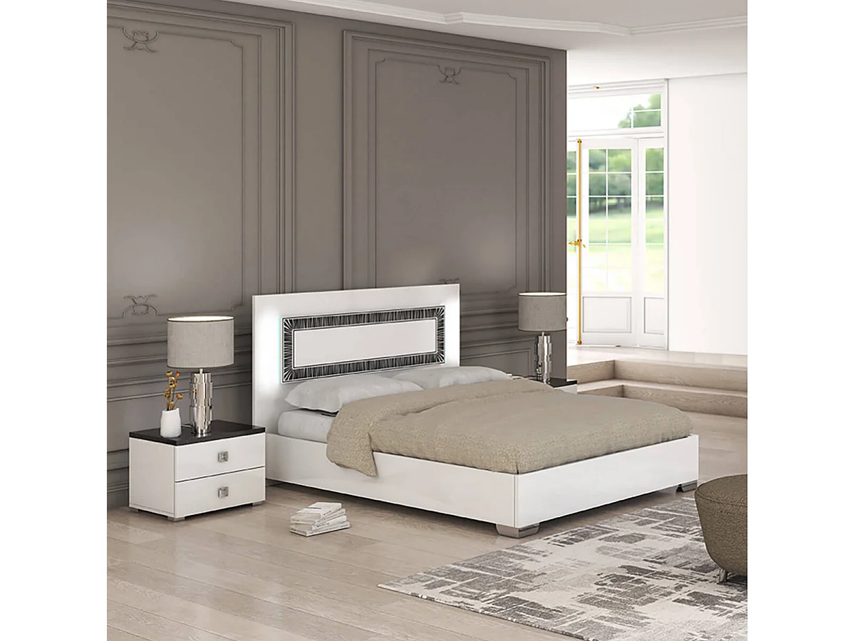 GAÏA - Ensemble Lit 140x190 cm et 2 Chevets Laqué Blanc avec Décor Noir