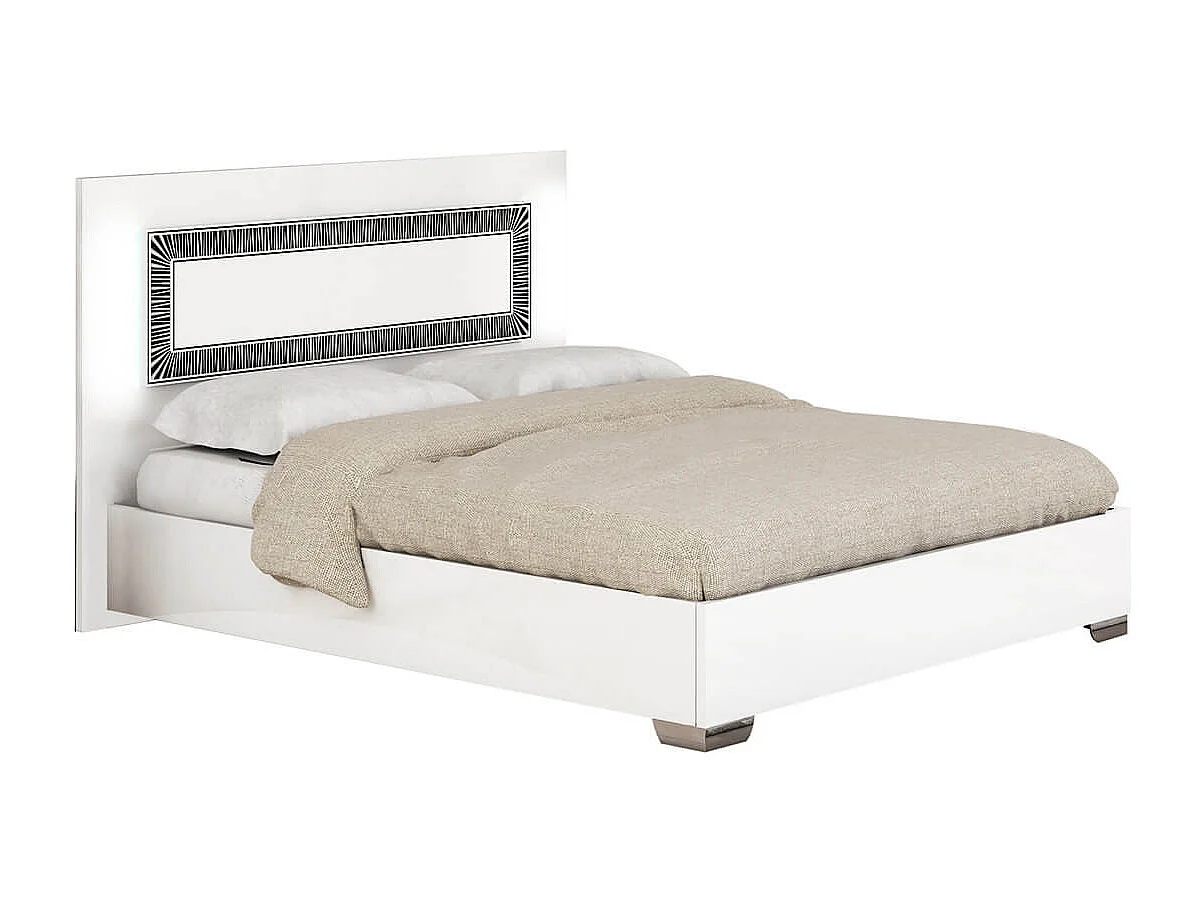 GAÏA - Ensemble Lit 140x190 cm et 2 Chevets Laqué Blanc avec Décor Noir