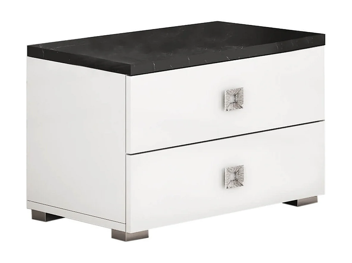 GAÏA - Ensemble Lit 140x190 cm et 2 Chevets Laqué Blanc avec Décor Noir