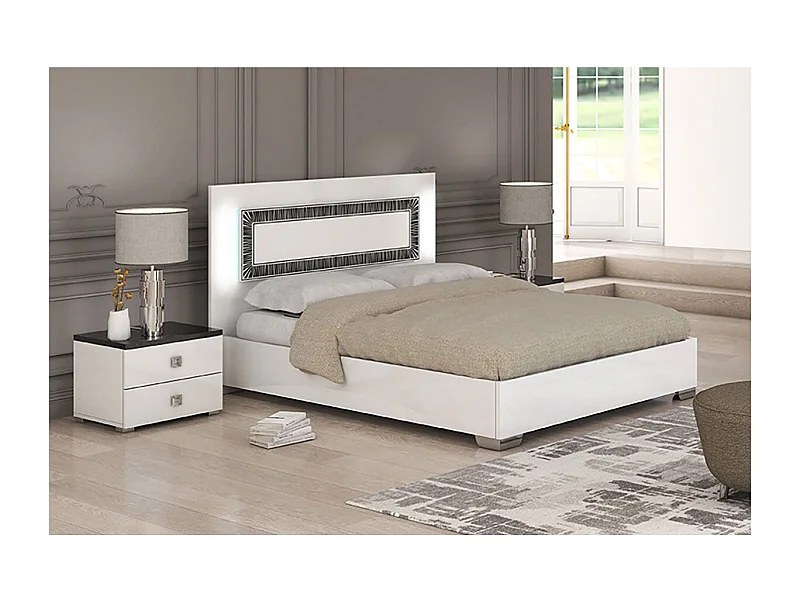 GAÏA - Ensemble Lit 140x190 cm et 2 Chevets Laqué Blanc avec Décor Noir