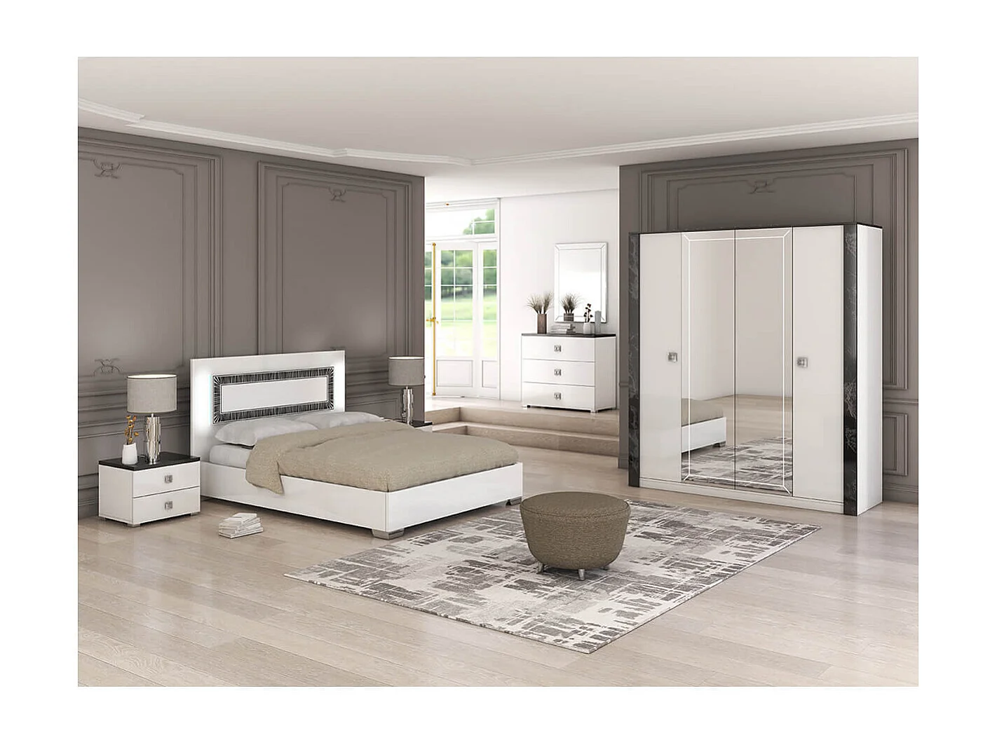 GAÏA - Chambre Lit 140x190 cm + Chevets +  Commode + Armoire Laquée Blanc avec Décor Noir