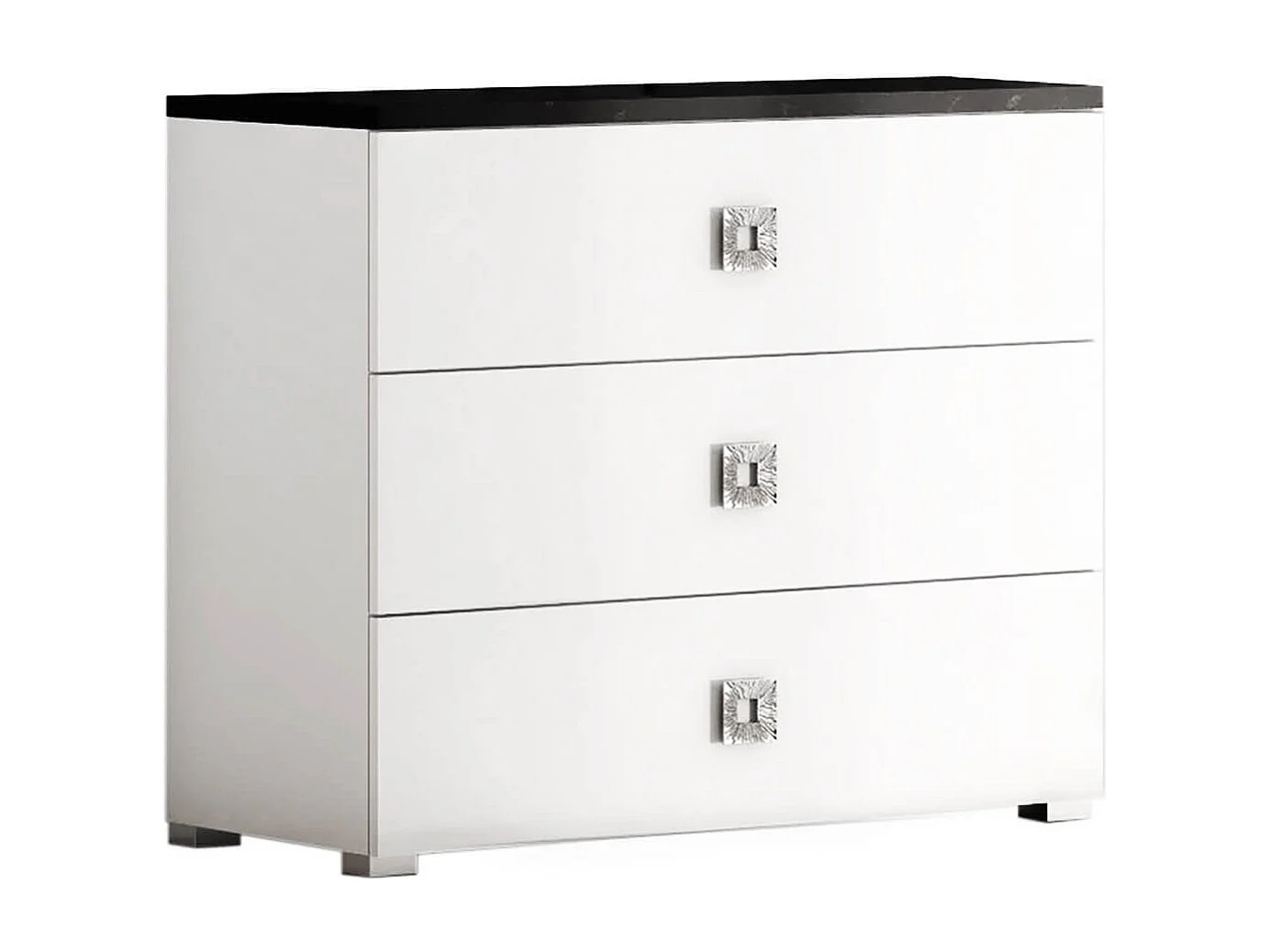 GAÏA - Chambre Lit 140x190 cm + Chevets +  Commode + Armoire Laquée Blanc avec Décor Noir