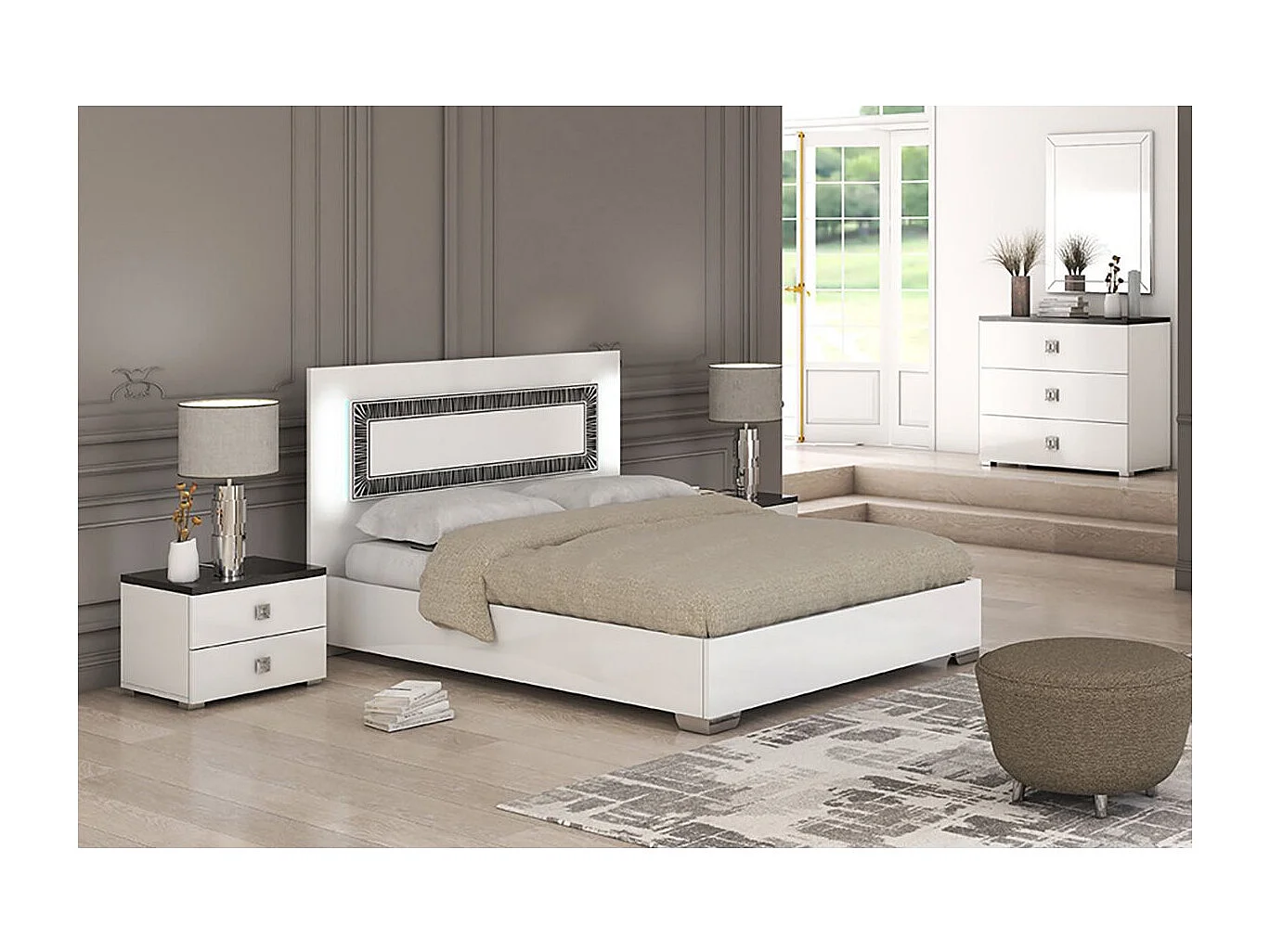 GAÏA - Chambre Lit 140x190 cm + Chevets +  Commode Laquée Blanc avec Décor Noir