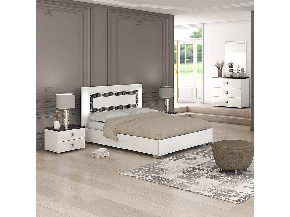 GAÏA - Chambre Lit 140x190 cm + Chevets +  Commode Laquée Blanc avec Décor Noir