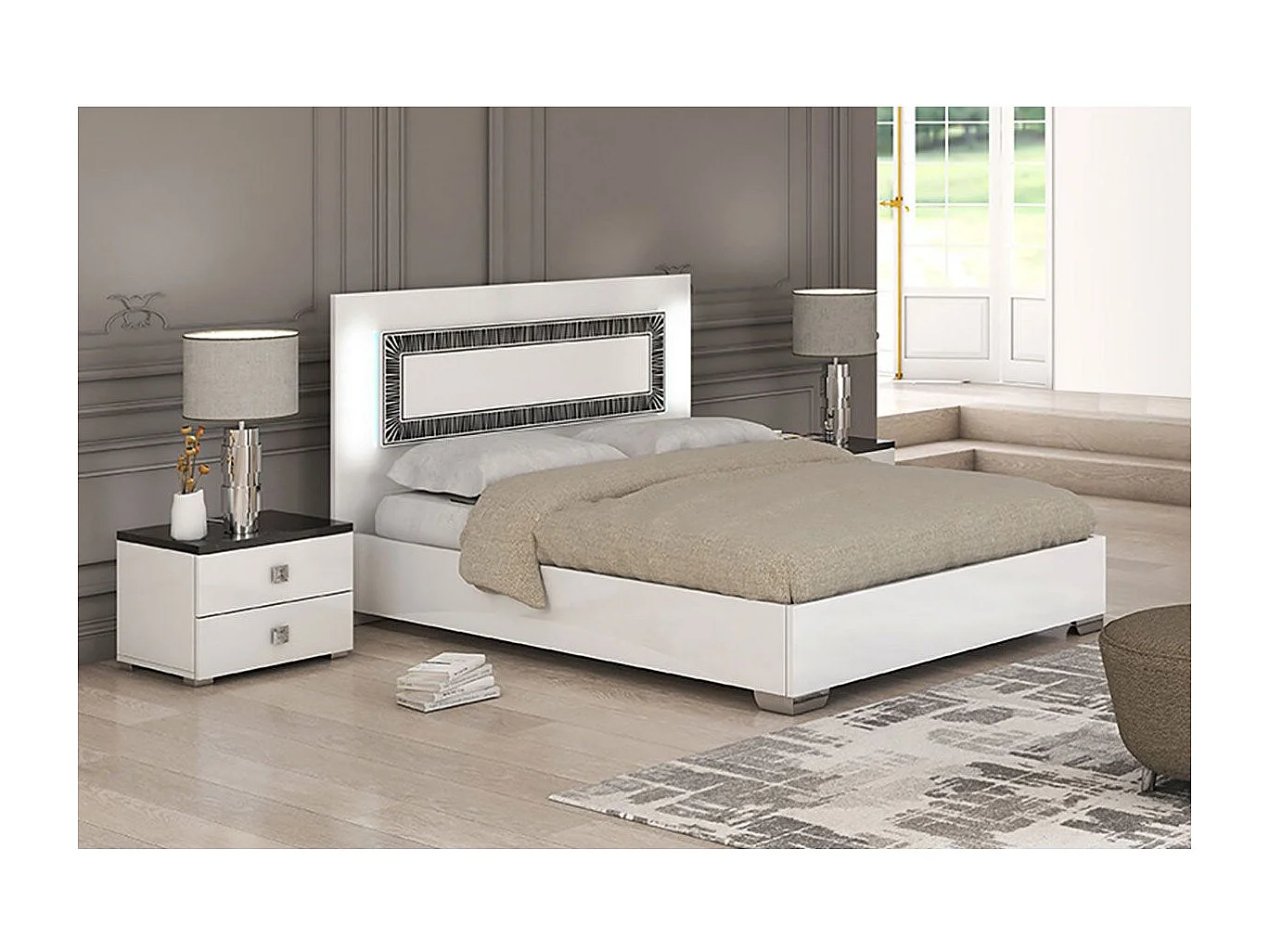 GAÏA - Ensemble Lit 160x200 cm et 2 Chevets Laqué Blanc avec Décor Noir