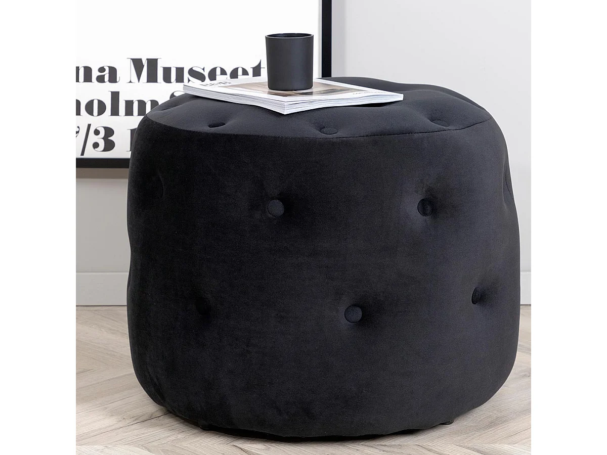 Pouf Capitonné en Velours "Benjamin" 55cm Noir