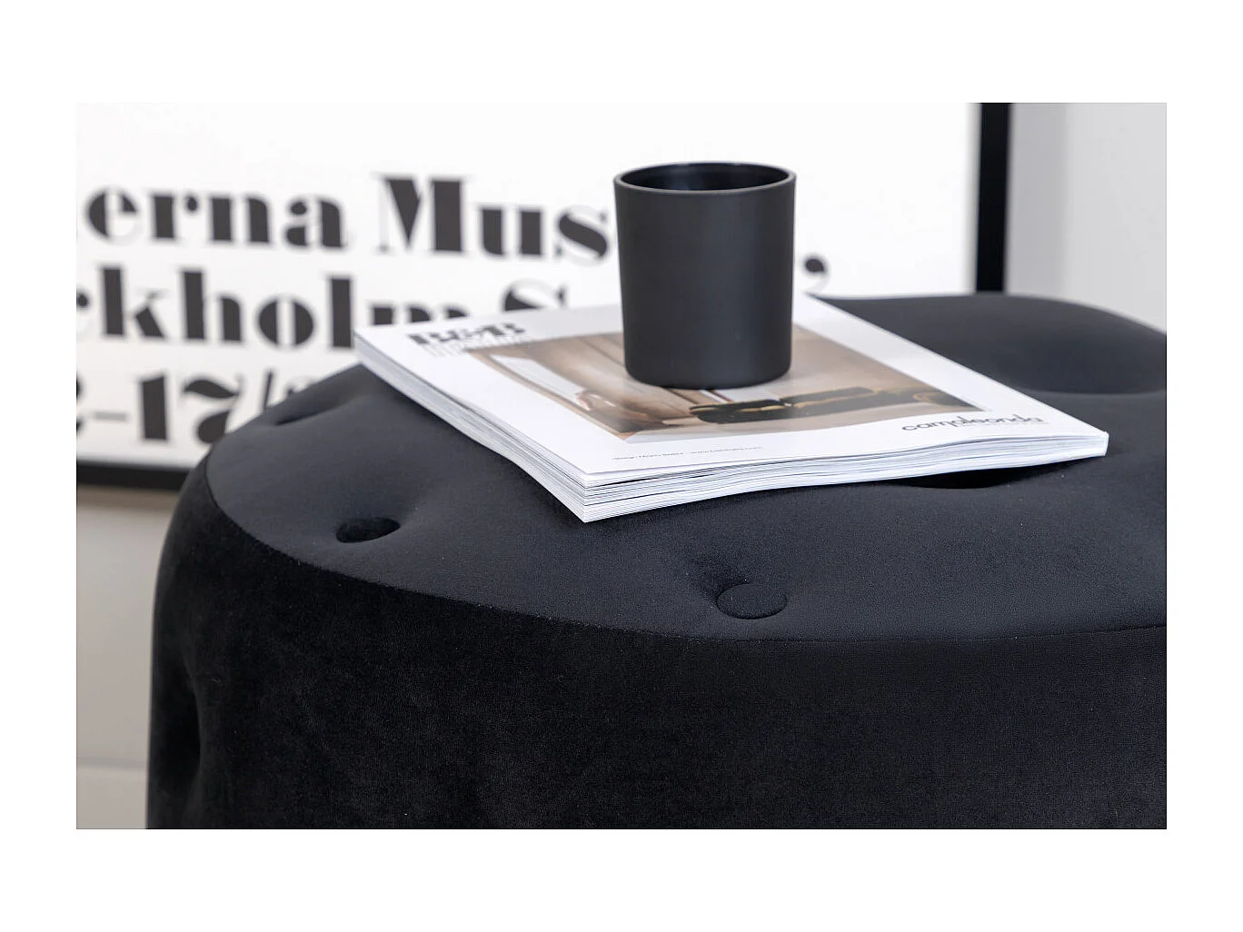 Pouf Capitonné en Velours "Benjamin" 55cm Noir