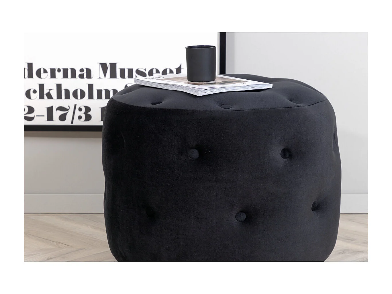 Pouf Capitonné en Velours "Benjamin" 55cm Noir