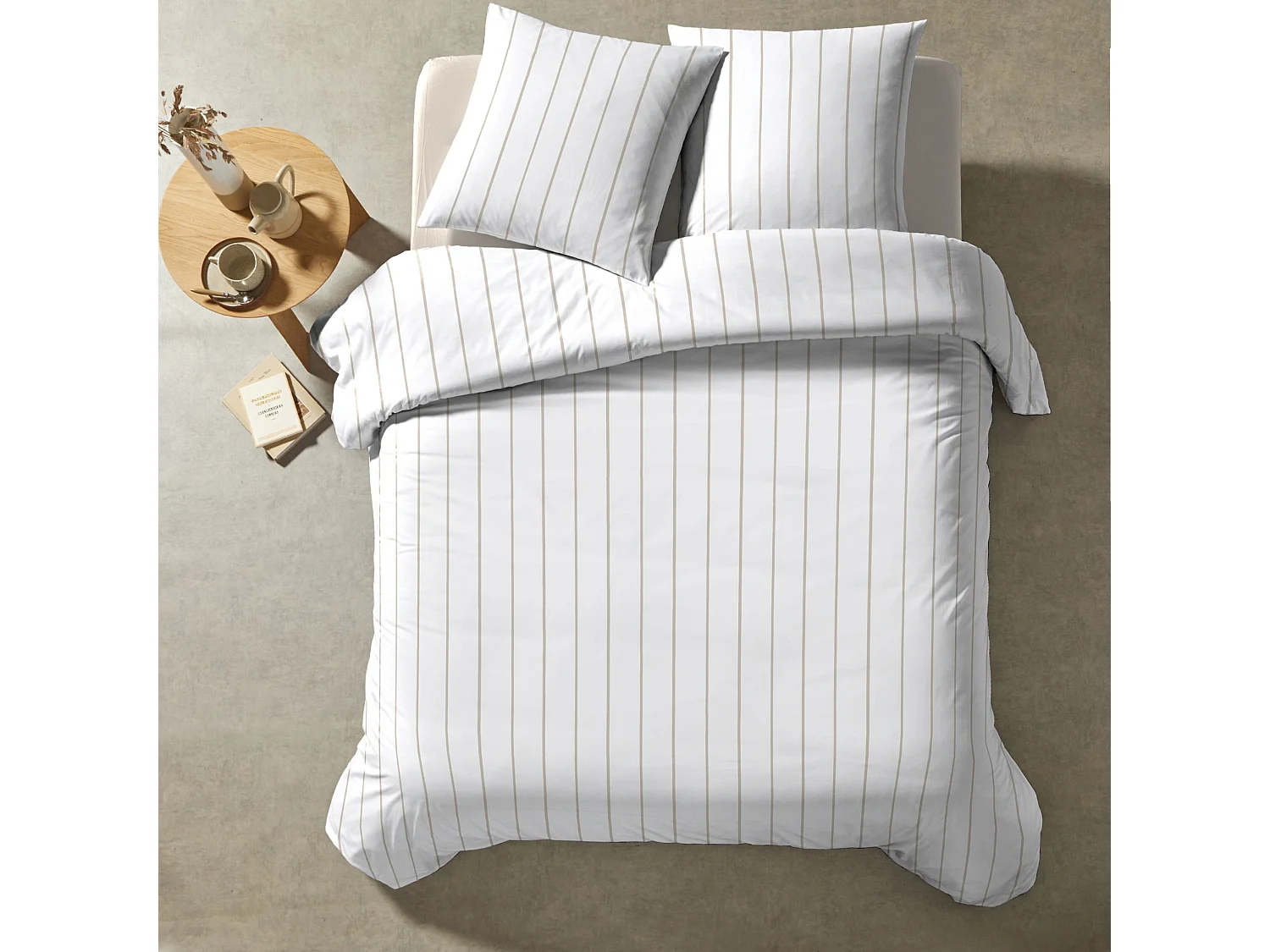 Parure de lit 140x200 coton à rayures Terre de Nuit Caivy