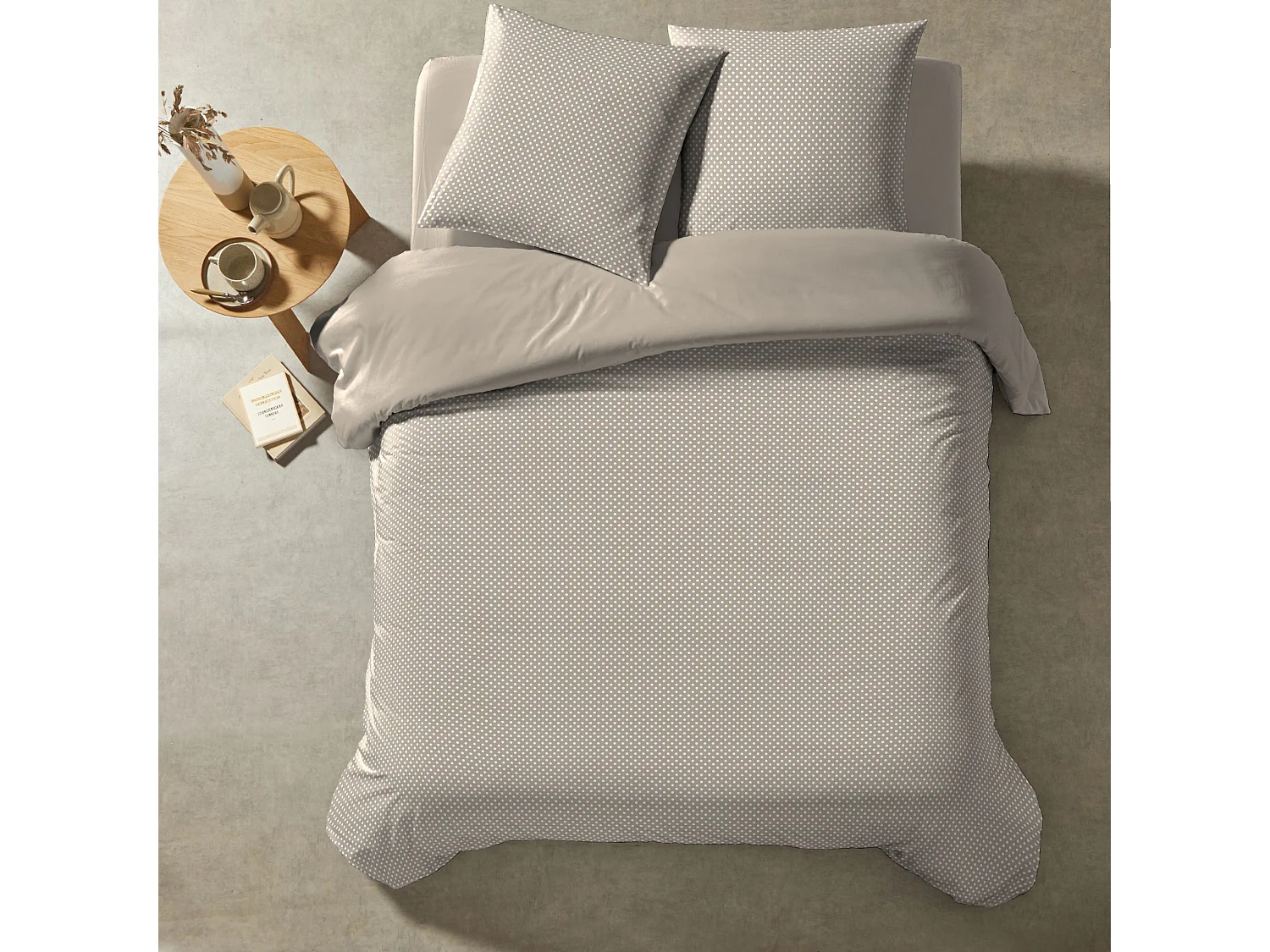 Parure de lit 140x200 coton à pois taupe Terre de Nuit Auguste