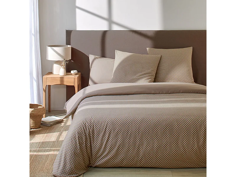 Parure de lit 200x200 coton à pois taupe Terre de Nuit Auguste