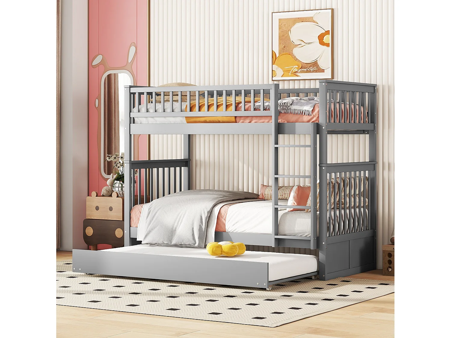 Beliche 90x200cm com cama auxiliar 90x190cm, cama amovível, estrado de ripas, cinzento
