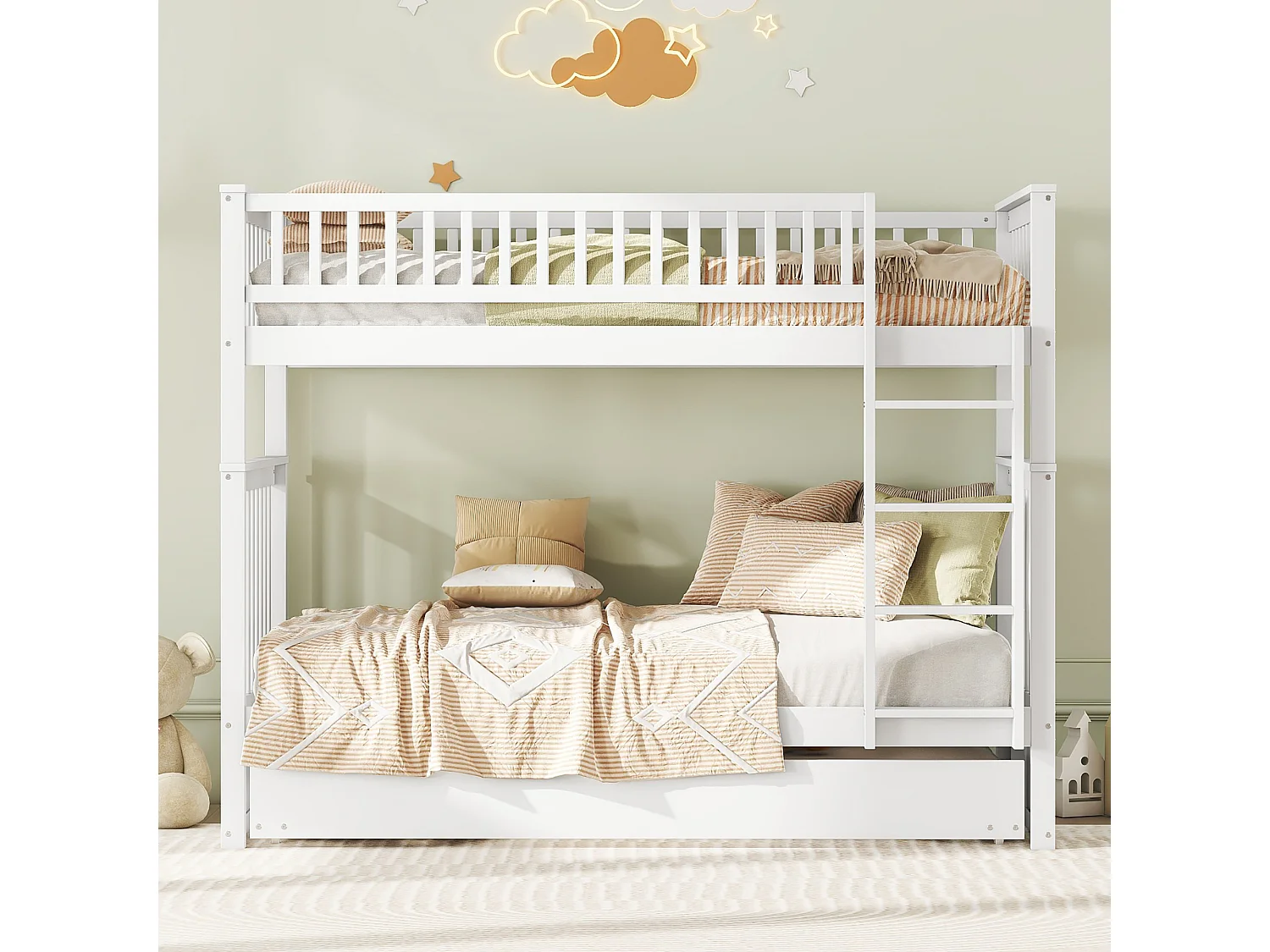 Beliche 90x200cm com cama auxiliar 90x190cm, cama amovível, estrado de ripas, branco