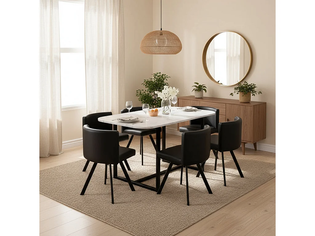 Ensemble Table et 6 chaises VENDOME bois marbré blanc pieds métal