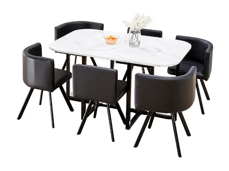 Ensemble Table et 6 chaises VENDOME bois marbré blanc pieds métal