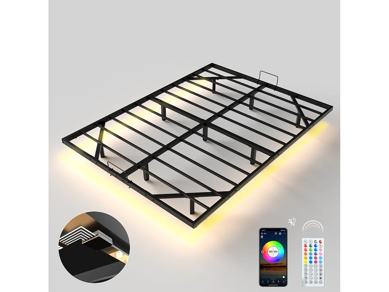 Cadre de lit métallique à LED (140 x200 cm) + ensemble matelas en mousse à mémoire de forme de 17cm d'épaisseur