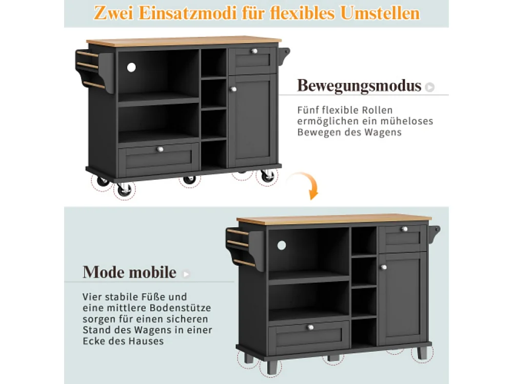 Esszimmerwagen,Küchen-Esswagen mit Schubladen und Lagerschränken (129 x 46 x 92 cm)