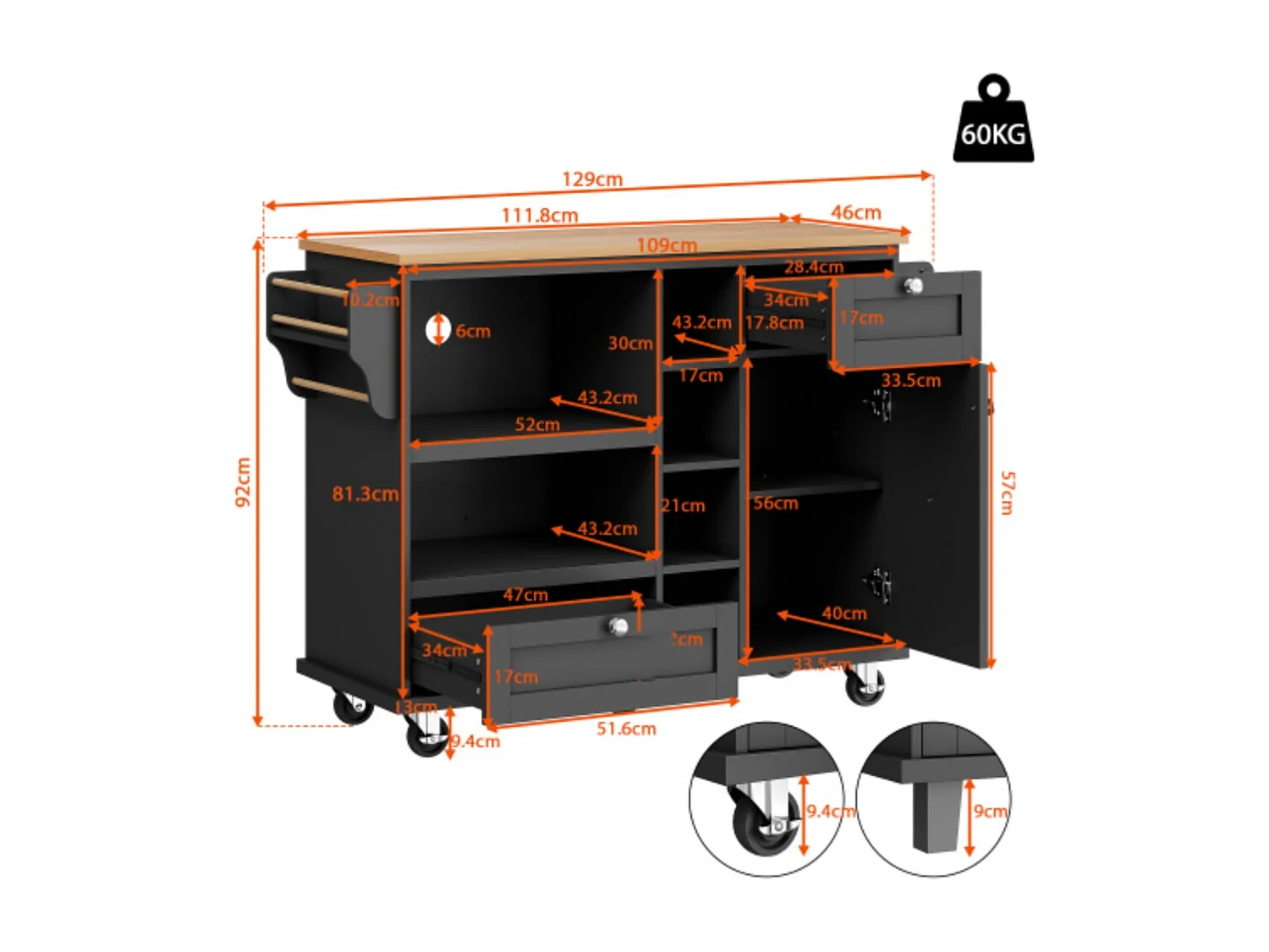 Esszimmerwagen,Küchen-Esswagen mit Schubladen und Lagerschränken (129 x 46 x 92 cm)
