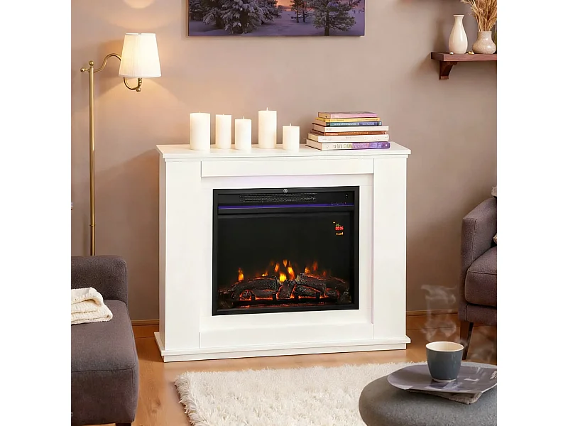 Elektrischer Kamin, realistische Flammen mit 12 Farben, 5 Helligkeitsstufen, Fernbedienung, Timer, Schwarz