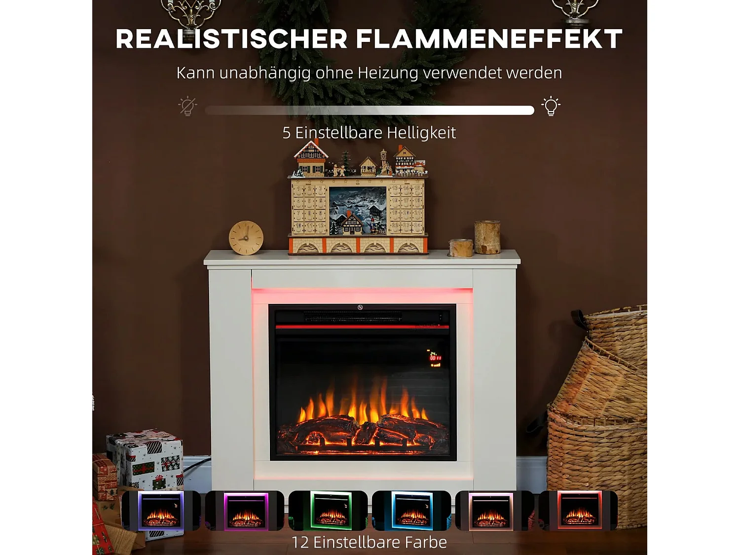 Elektrischer Kamin, realistische Flammen mit 12 Farben, 5 Helligkeitsstufen, Fernbedienung, Timer, Schwarz