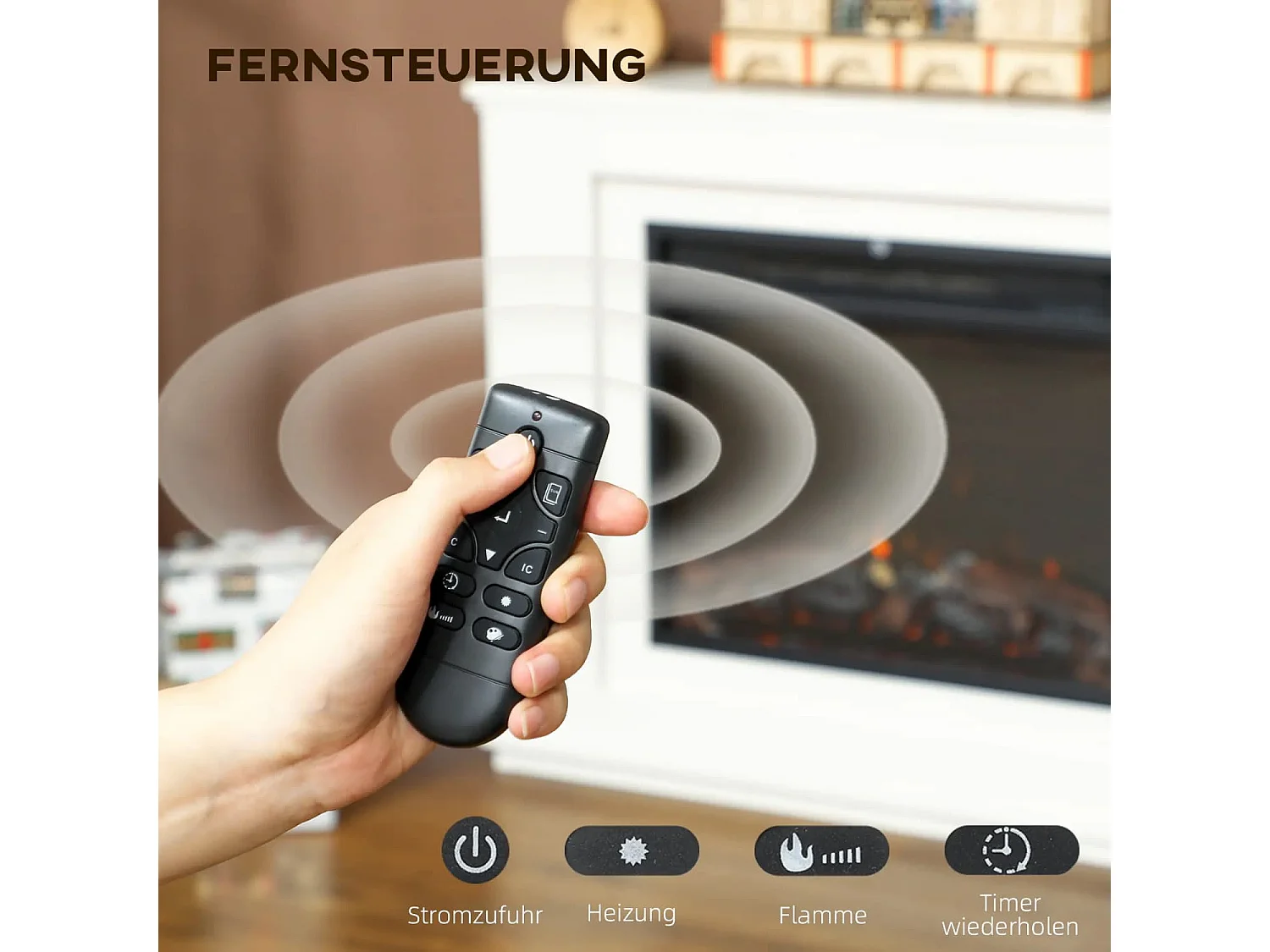 Elektrischer Kamin, realistische Flammen mit 12 Farben, 5 Helligkeitsstufen, Fernbedienung, Timer, Schwarz
