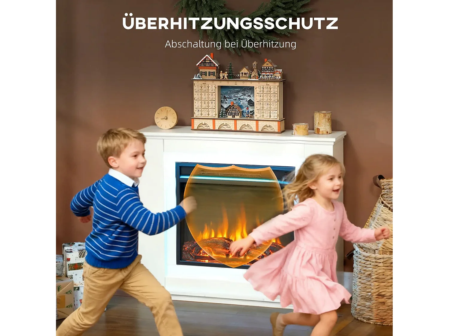 Elektrischer Kamin, realistische Flammen mit 12 Farben, 5 Helligkeitsstufen, Fernbedienung, Timer, Schwarz