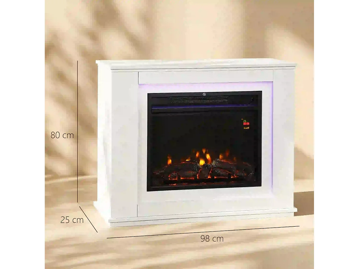 Elektrischer Kamin, realistische Flammen mit 12 Farben, 5 Helligkeitsstufen, Fernbedienung, Timer, Schwarz
