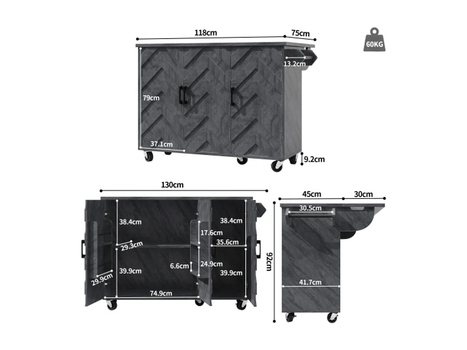 Kücheninsel, Buffetschrank,Servicewagen, mobile Kücheninsel, ausziehbarer Küchenwagen mit Rädern, mit Handtuchhalter 118*45(75)*92cm