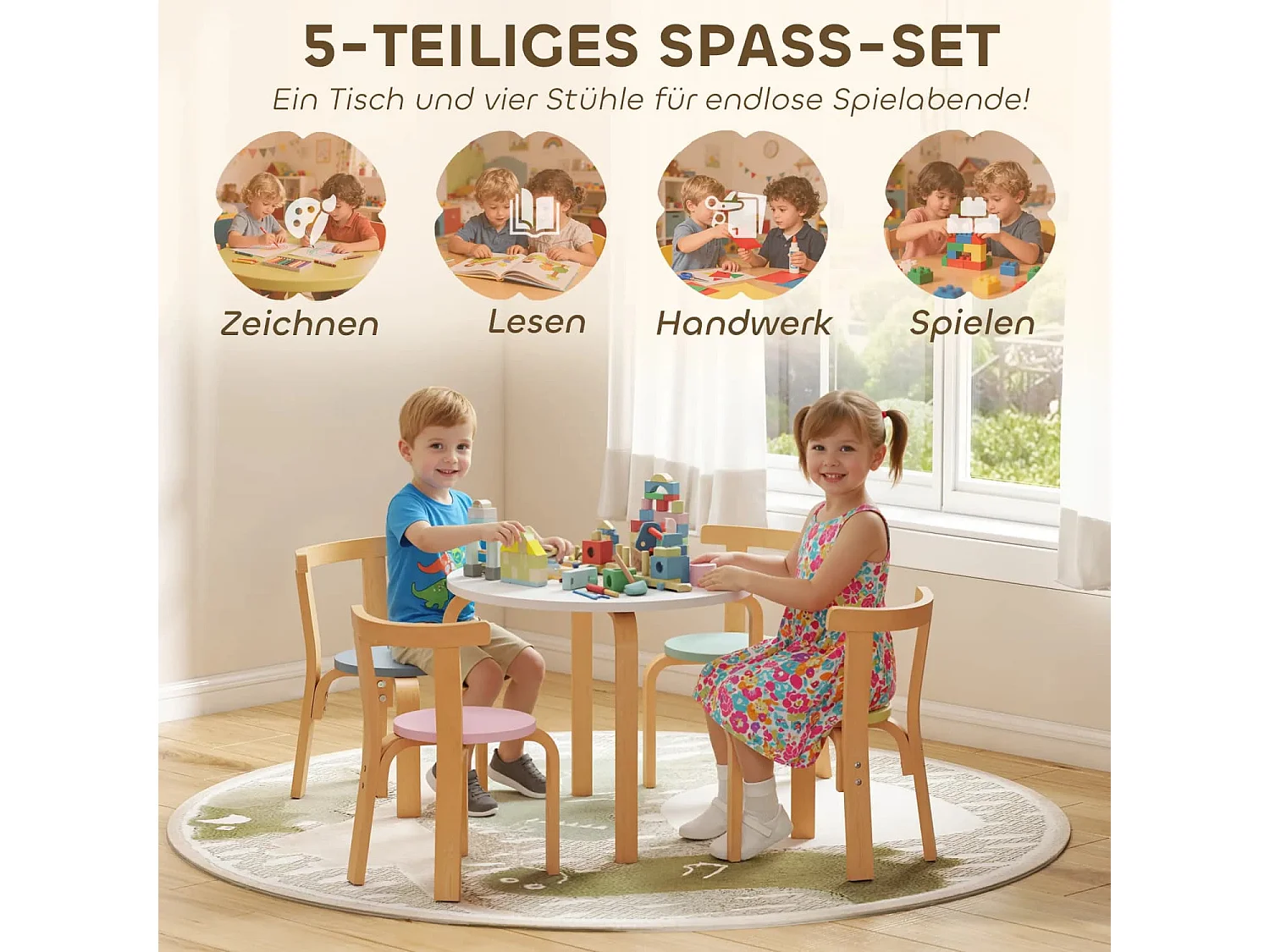 5-teiliges Kindertisch- und Stuhlset, leichtes Massivholz, Bunt