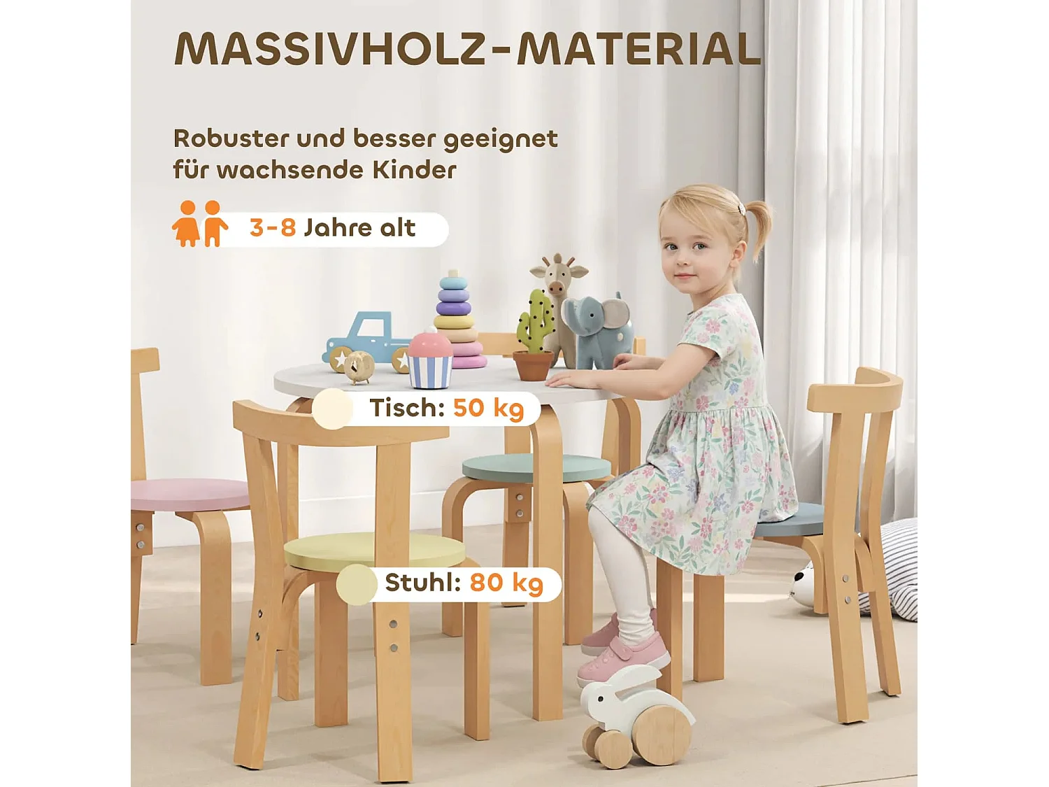 5-teiliges Kindertisch- und Stuhlset, leichtes Massivholz, Bunt