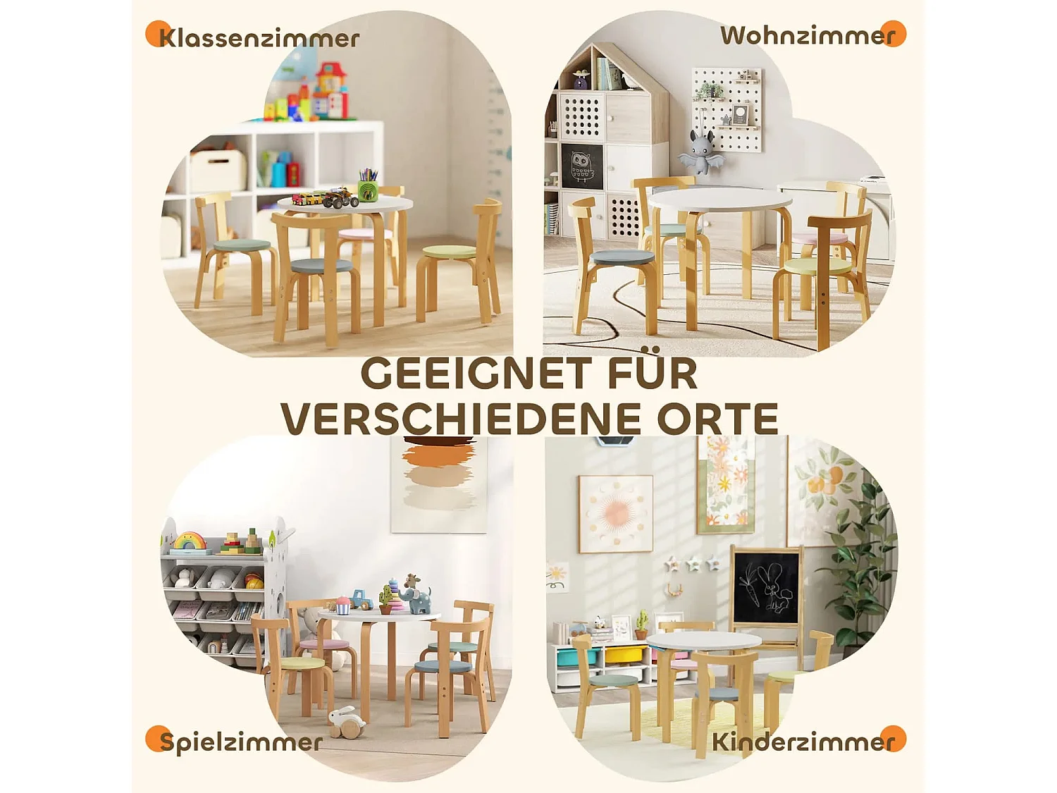 5-teiliges Kindertisch- und Stuhlset, leichtes Massivholz, Bunt