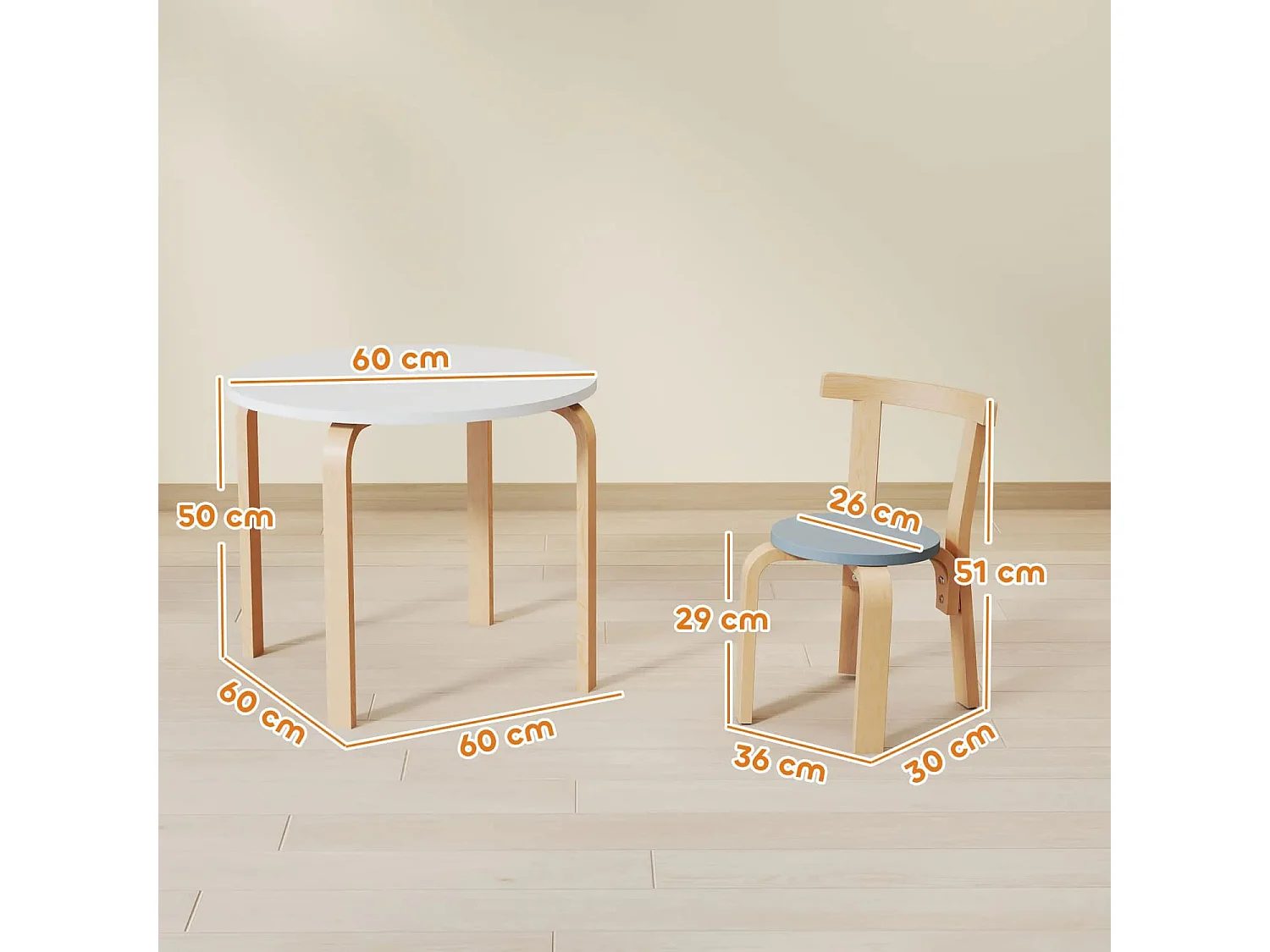 5-teiliges Kindertisch- und Stuhlset, leichtes Massivholz, Bunt