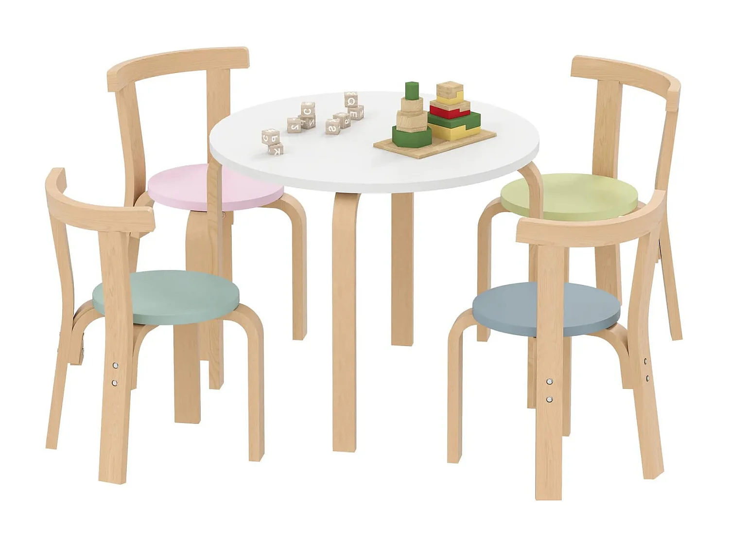 5-teiliges Kindertisch- und Stuhlset, leichtes Massivholz, Bunt