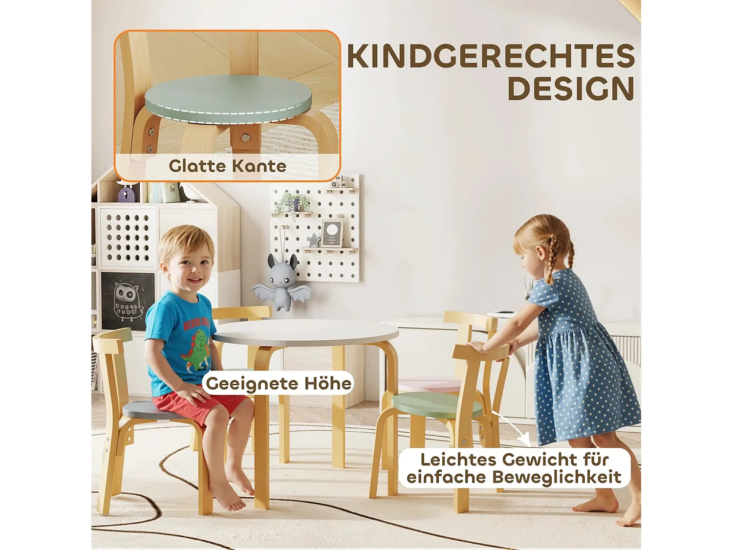 5-teiliges Kindertisch- und Stuhlset, leichtes Massivholz, Bunt