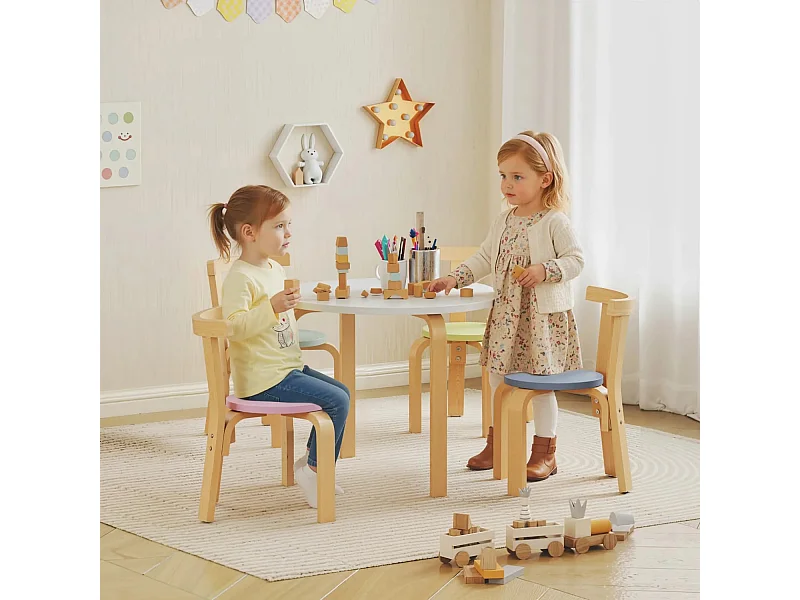 5-teiliges Kindertisch- und Stuhlset, leichtes Massivholz, Bunt
