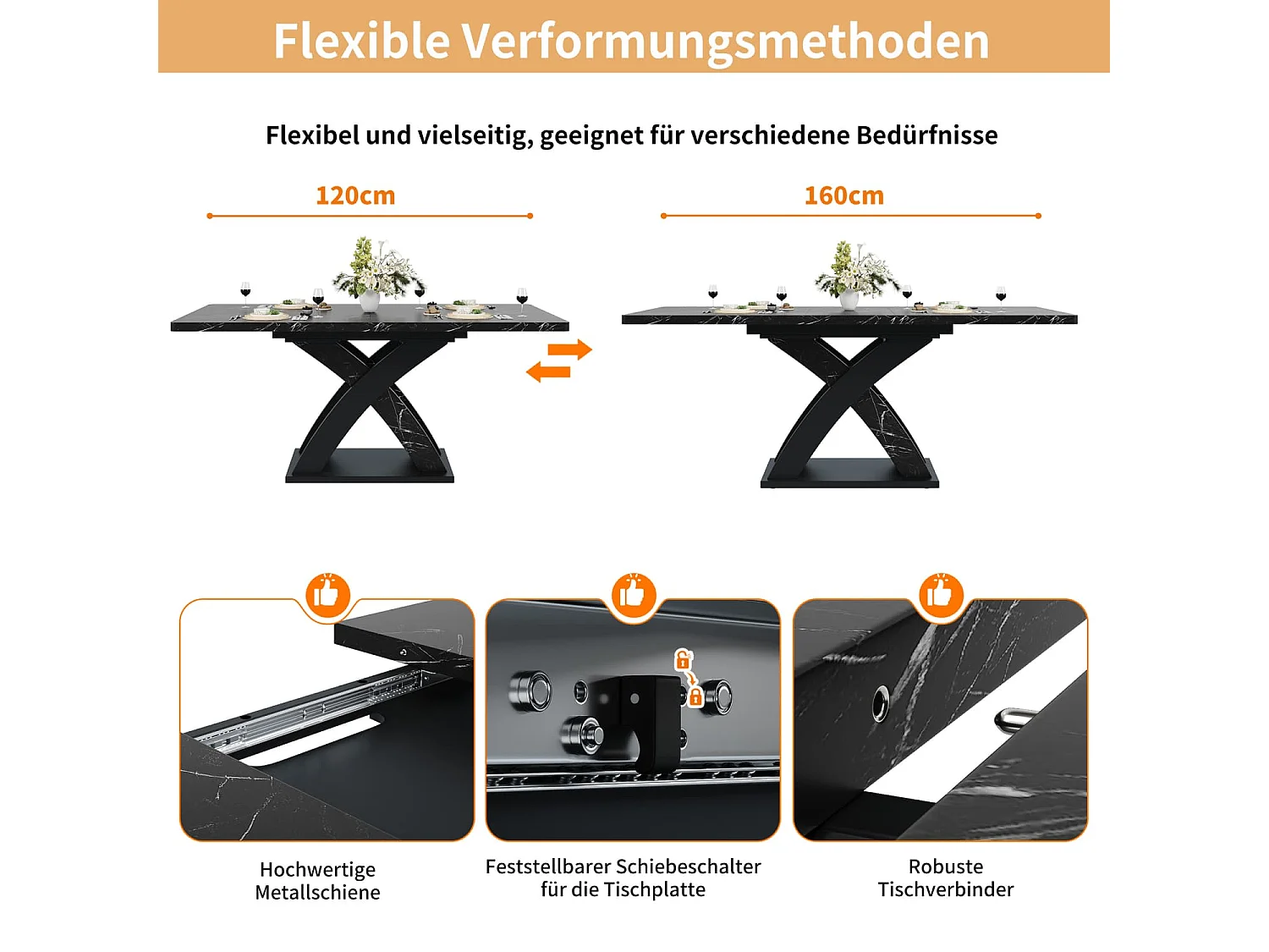Ausziehbarer Esstisch, Esstisch, Küchentisch, Balkontisch, Esstisch aus Holz, ausziehbarer Esstisch, 120–160 cm, Platz für bis zu 6 Personen,schwarz