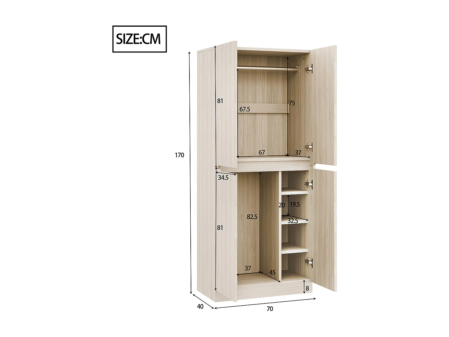 Kleiderschrank mit Doppeltür-Design und Kleinem Staufach 70 × 40 × 170 cm Holzfarbe