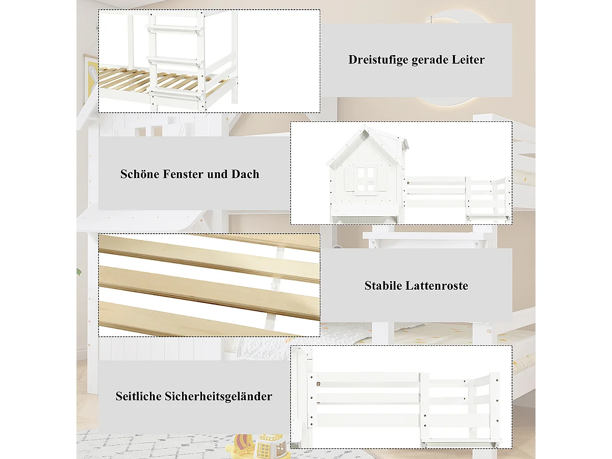 Kinderbett mit Dreistufige Gerade Leiter Fenster und Dach Etagenbett Jugendbett Kinder-Familienbett 90x200cm Weiß
