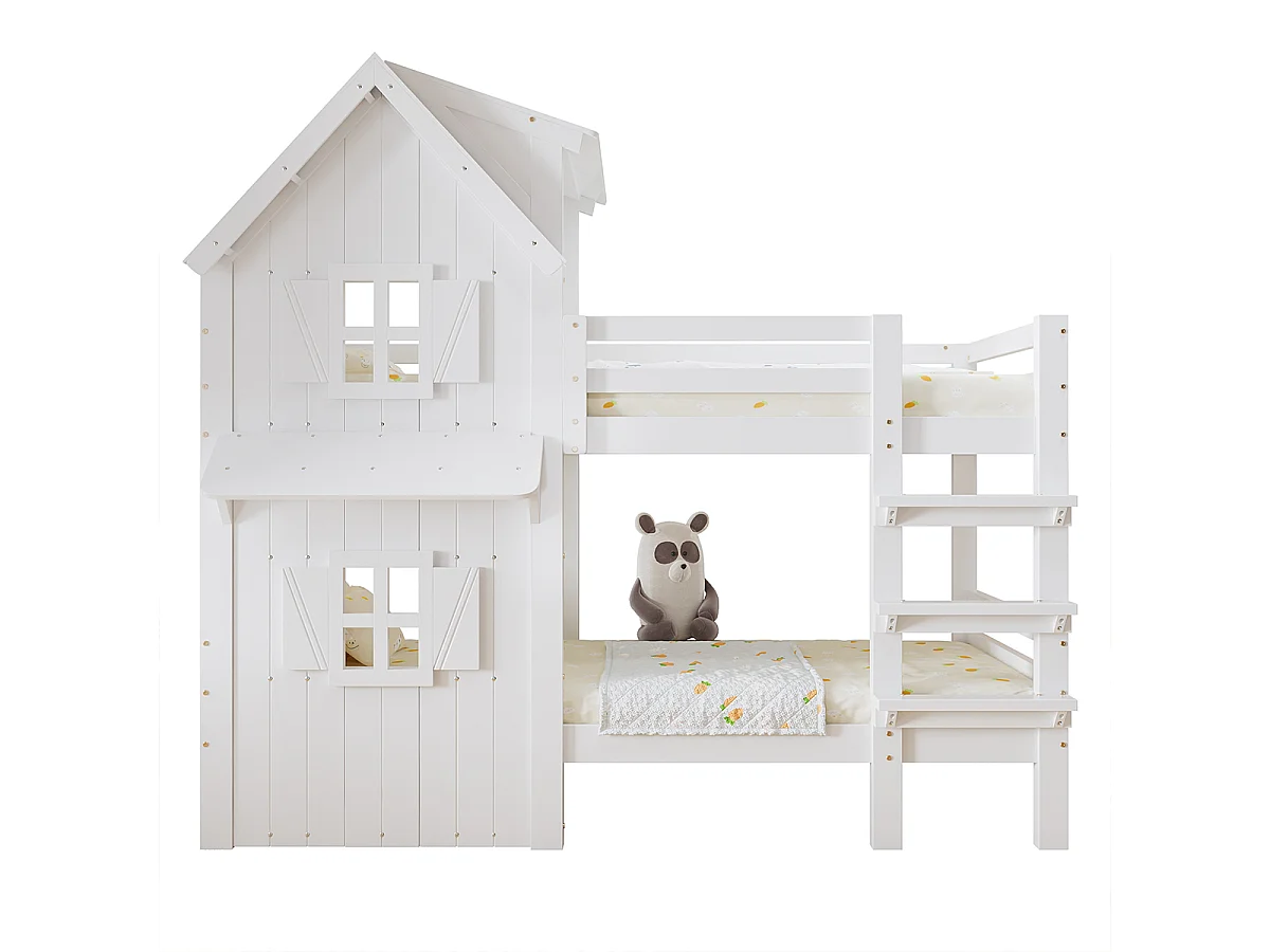 Kinderbett mit Dreistufige Gerade Leiter Fenster und Dach Etagenbett Jugendbett Kinder-Familienbett 90x200cm Weiß