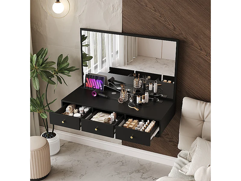 Schminktisch mit Spiegel 3 Schublade und Steckdosen Hängender Kosmetiktisch 100×105×45cm Schwarz