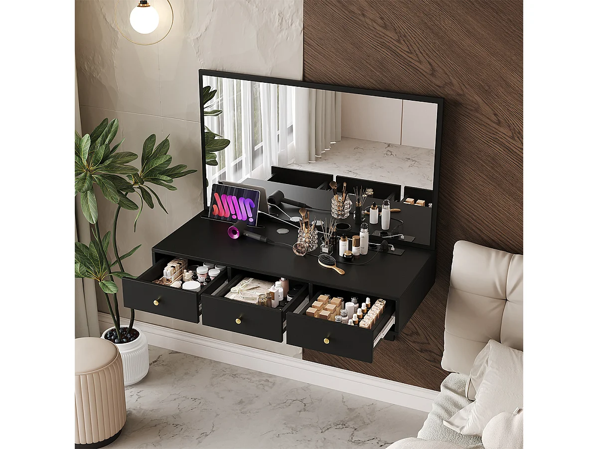 Schminktisch mit Spiegel 3 Schublade und Steckdosen Hängender Kosmetiktisch 100×105×45cm Schwarz