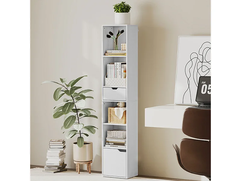 Bücherregal mit Schublade und anpassbares Regal 3-stufig Verstellbar 6 Ebenen Ausstellungsregal Bücherschrank Weiß